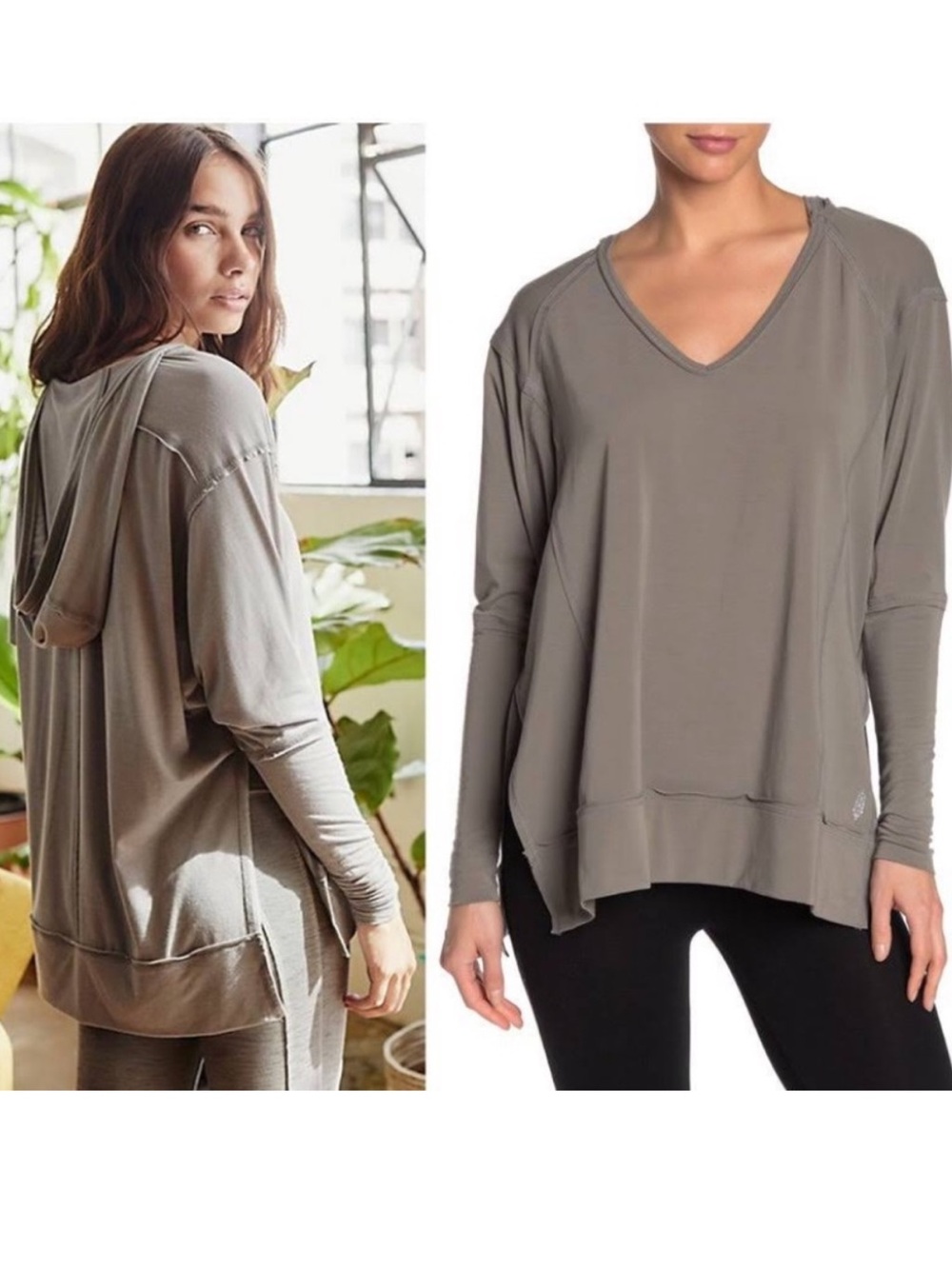 Free People V-Neck Hooded Pullover in Taupe Gray